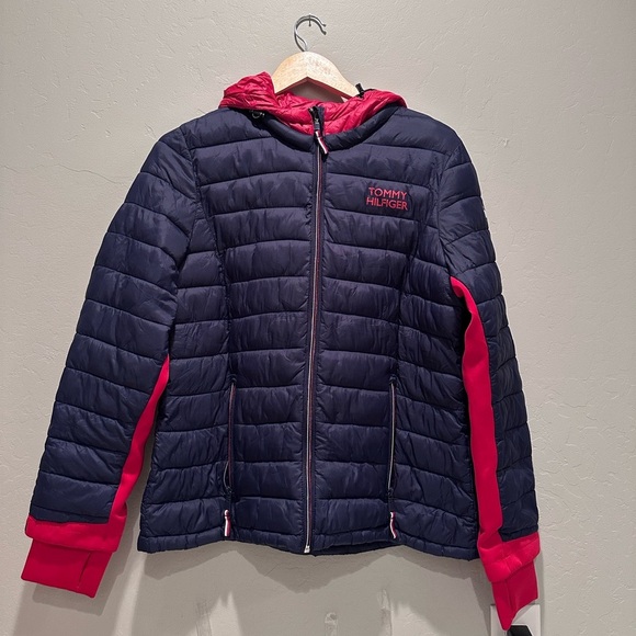 Tommy Hilfiger Womens Packable Zip Hooded Puffer Jacket Navy Blue Red Sz Large - Picture 2 of 11